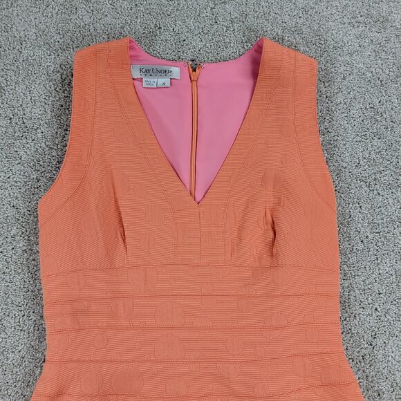 Kay Unger Sheath Dress Womens 4 Orange Raised Muted Polka Dots V Neck - Picture 7 of 12